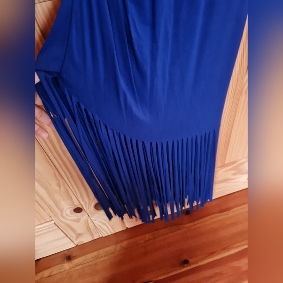 INC Knee Length Deep Double V Ruched Stretch Fringe  Royal Blue EUC Size M - Picture 3 of 5